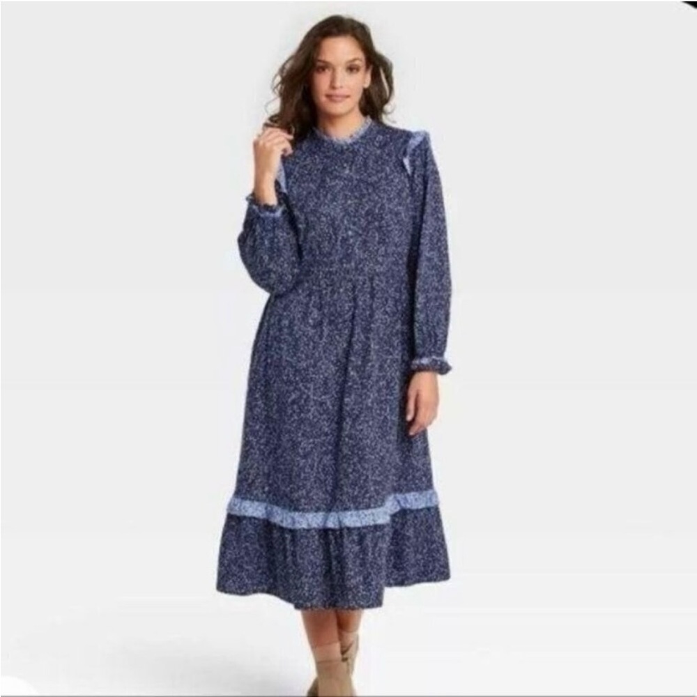 Women’s Elegant Blue Ballon Sleeve Ruffle Dress Size M NEW